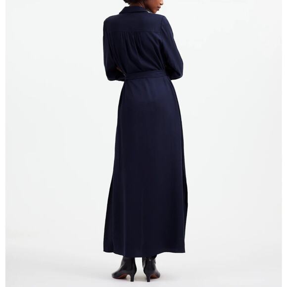 Madewell Utility Tie Waist Maxi Shirt Dress Navy Blue Button Down Pockets Large - Picture 2 of 10